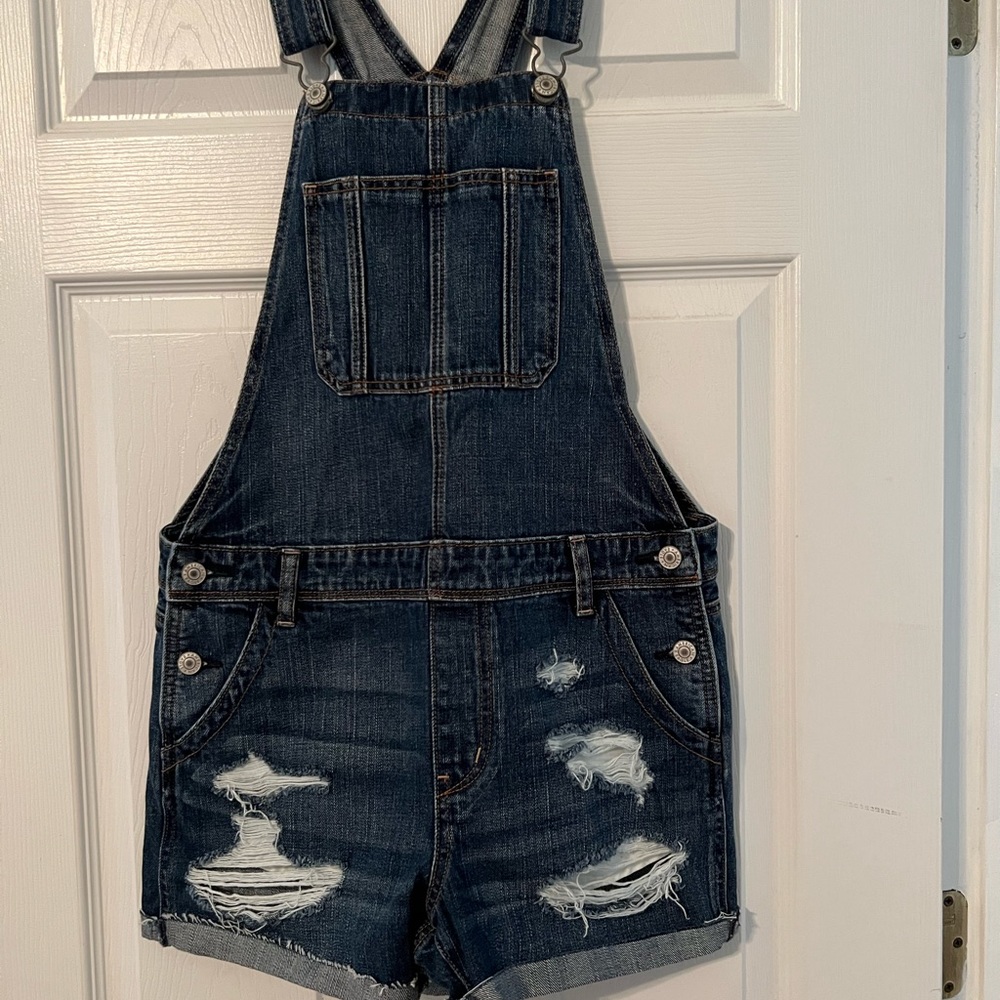 Denim destressed shorts overalls